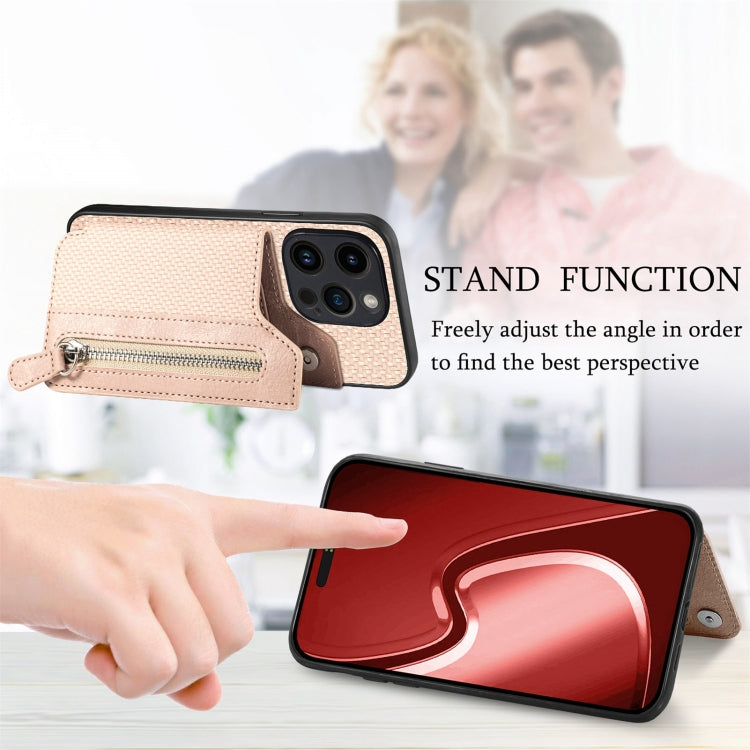 For iPhone 15 Pro Max Carbon Fiber Horizontal Flip Zipper Wallet Phone Case(Khaki) by buy2fix