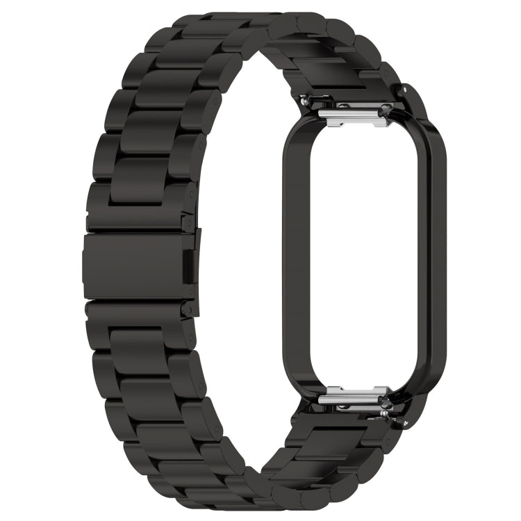For Xiaomi Smart Band 8 Active Three Bead Stainless Steel Watch Band + Watch Metal Frame(Black) - Watch Bands by buy2fix | Online Shopping UK | buy2fix