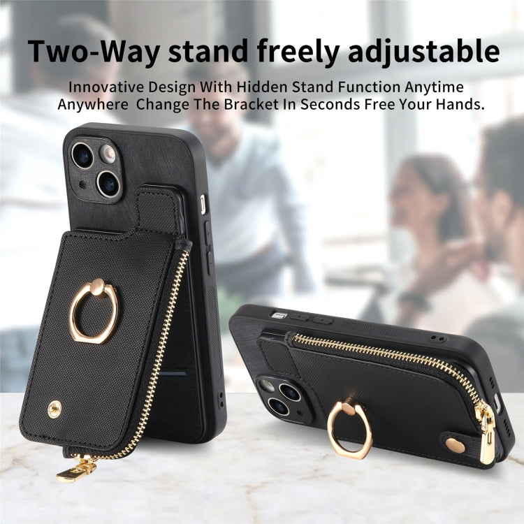 For iPhone 15 Pro Max Cross Leather Ring Vertical Zipper Wallet Back Phone Case(Black) by buy2fix