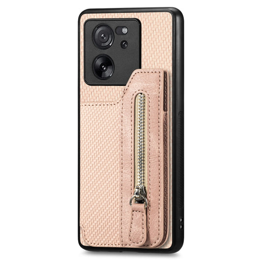 For Xiaomi 13T / 13T Pro Carbon Fiber Flip Zipper Wallet Phone Case(Apricot) by buy2fix