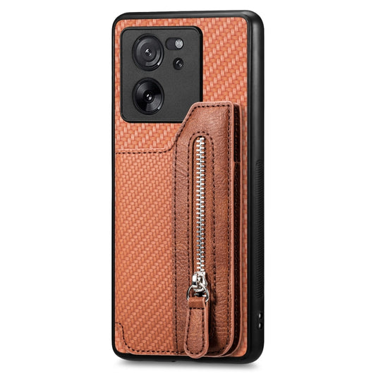 For Xiaomi 13T / 13T Pro Carbon Fiber Flip Zipper Wallet Phone Case(Brown) by buy2fix