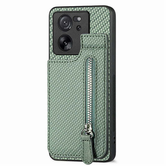 For Xiaomi 13T / 13T Pro Carbon Fiber Vertical Flip Zipper Phone Case(Green) by buy2fix