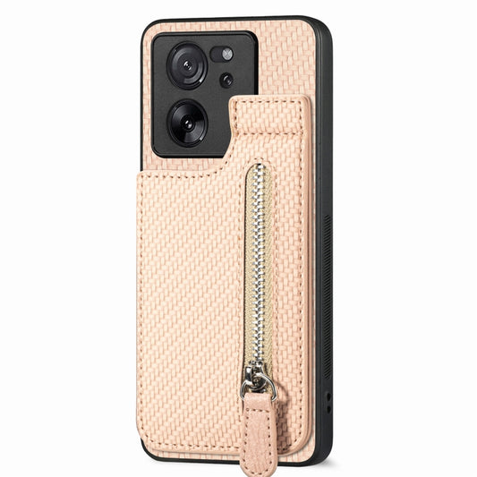 For Xiaomi 13T / 13T Pro Carbon Fiber Vertical Flip Zipper Phone Case(Apricot) by buy2fix