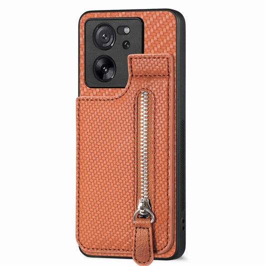 For Xiaomi 13T / 13T Pro Carbon Fiber Vertical Flip Zipper Phone Case(Brown) by buy2fix