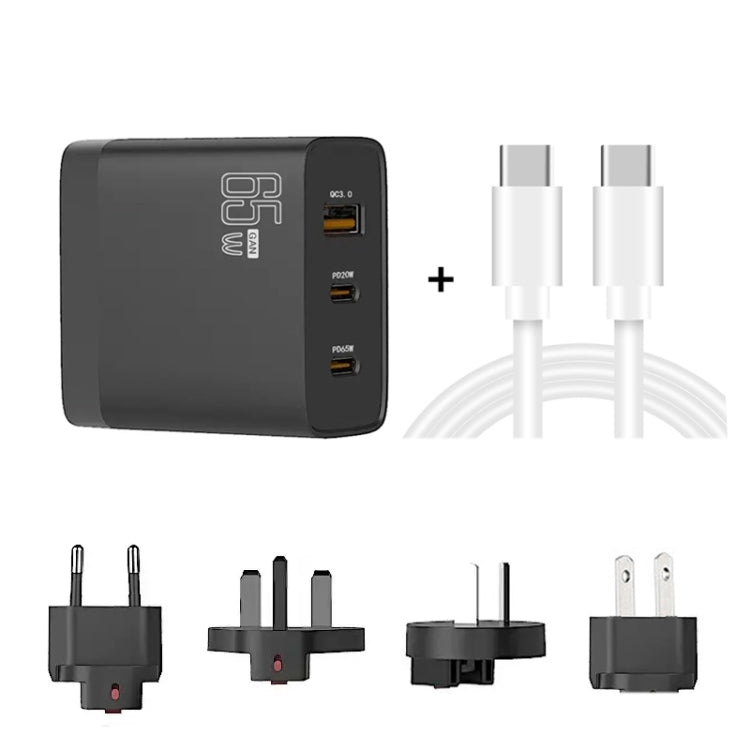 GAN 65W PD45W Dual Type-C / QC3.0 USB Multi Compatible Charger + 2m USB-C to USB-C Data Cable EU + UK + AU +US Plug Black - Cable & Adapter by buy2fix | Online Shopping UK | buy2fix