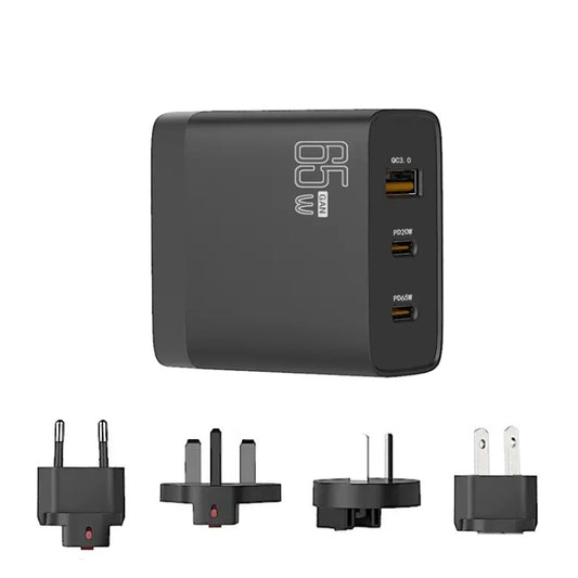 GAN 65W PD45W Dual Type-C / QC3.0 USB Multi Compatible Charger + 2m USB-C to USB-C Data Cable EU + UK + AU +US Plug Black by buy2fix
