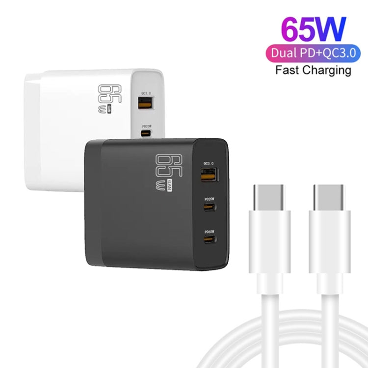 GAN 65W PD45W Dual Type-C / QC3.0 USB Multi Compatible Charger + 2m USB-C to USB-C Data Cable EU + UK + AU +US Plug Black - Cable & Adapter by buy2fix | Online Shopping UK | buy2fix