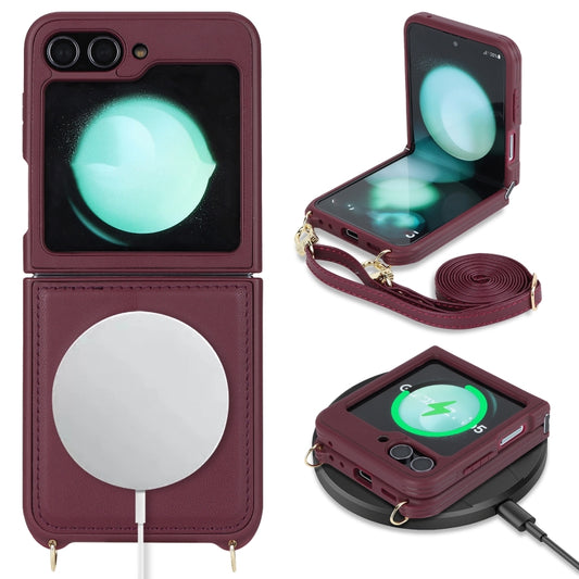 For Samsung Galaxy Z Flip5 5G Crossbody R20 Texture Leather Magsafe Phone Case(Brown) by buy2fix