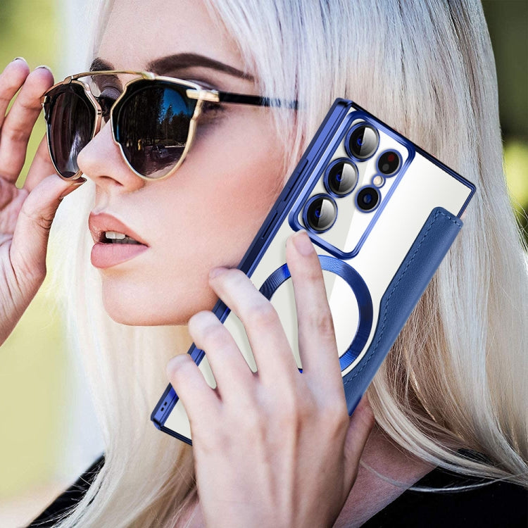 For Samsung Galaxy S22 Ultra 5G Shield MagSafe RFID Anti-theft Leather Phone Case(Dark Blue) by buy2fix