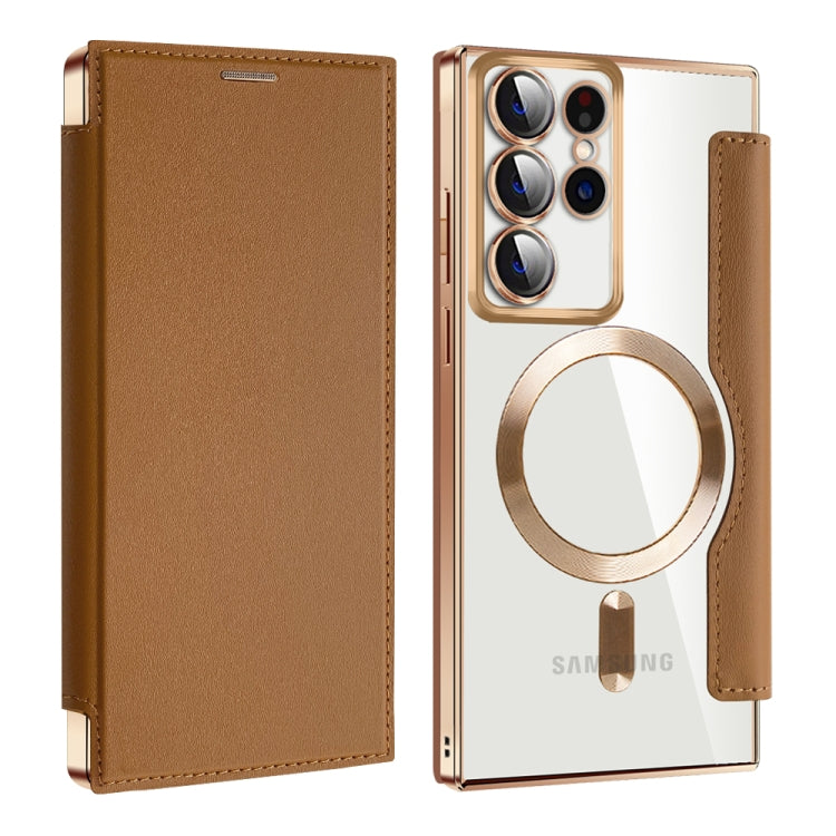 For Samsung Galaxy S22 Ultra 5G Shield MagSafe RFID Anti-theft Leather Phone Case(Brown) - Galaxy S22 Ultra 5G Cases by buy2fix | Online Shopping UK | buy2fix