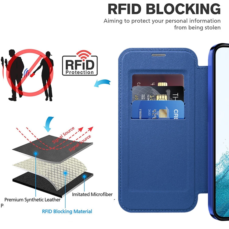 For Samsung Galaxy S22 5G Shield MagSafe RFID Anti-theft Leather Phone Case(Dark Blue) - Galaxy S22 5G Cases by buy2fix | Online Shopping UK | buy2fix