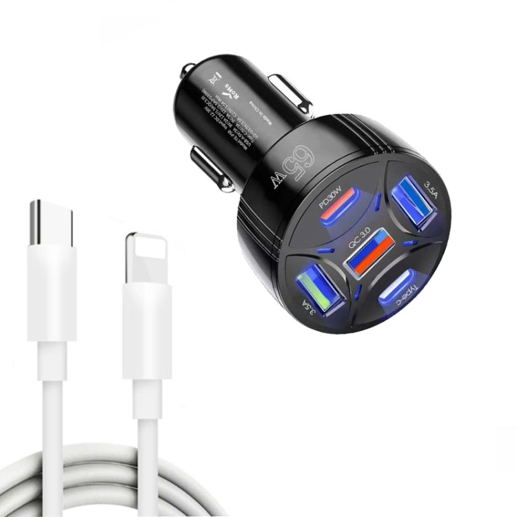 TE-P50 65W PD30W Type-C x 2 + USB x 3 Multi Port Car Charger with 1m Type-C to 8 Pin Data Cable(Black) - Car Charger by buy2fix | Online Shopping UK | buy2fix