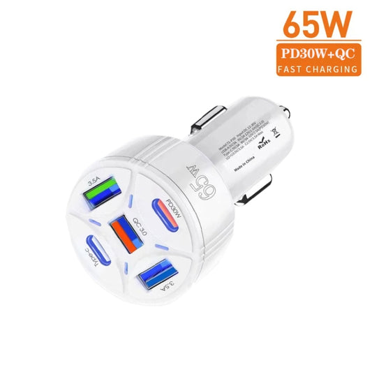 TE-P50 65W PD30W Type-C x 2 + USB x 3 Multi Port Car Charger with 1m Type-C to Type-C Data Cable(White) by buy2fix