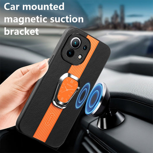 For Xiaomi Mi 11 Lite Magnetic Litchi Leather Back Phone Case with Holder(Orange) by buy2fix