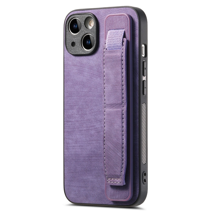 For iPhone 14 Plus Retro Wristband Holder Leather Back Phone Case(Purple) - iPhone 14 Plus Cases by buy2fix | Online Shopping UK | buy2fix