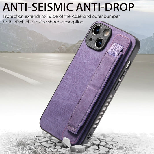 For iPhone 14 Plus Retro Wristband Holder Leather Back Phone Case(Purple) by buy2fix