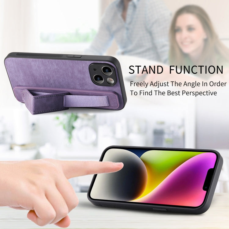 For iPhone 14 Plus Retro Wristband Holder Leather Back Phone Case(Purple) - iPhone 14 Plus Cases by buy2fix | Online Shopping UK | buy2fix