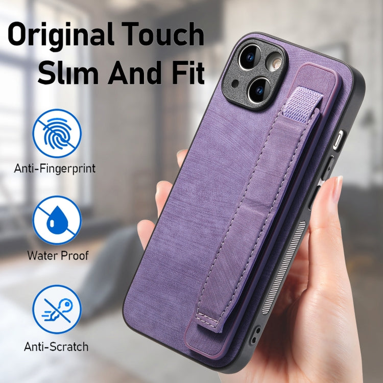 For iPhone 14 Plus Retro Wristband Holder Leather Back Phone Case(Purple) - iPhone 14 Plus Cases by buy2fix | Online Shopping UK | buy2fix