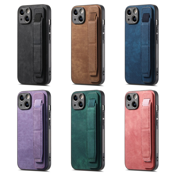 For iPhone 14 Plus Retro Wristband Holder Leather Back Phone Case(Purple) - iPhone 14 Plus Cases by buy2fix | Online Shopping UK | buy2fix