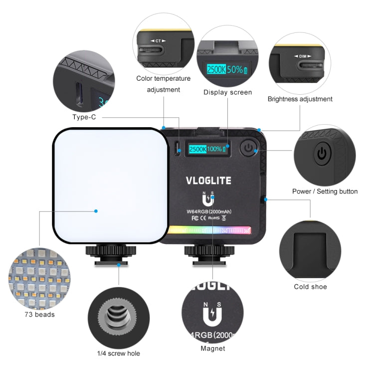 VLOGLITE W64RGB Dimmable RGB LED Pocket Fill Light 20 Modes Live Broadcast Video Light - by VLOGLITE | Online Shopping UK | buy2fix