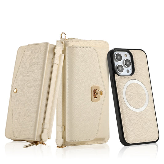 For iPhone 14 Pro MagSafe Crossbody Multi-functional Zipper Wallet Litchi Leather Phone Case(White) by buy2fix