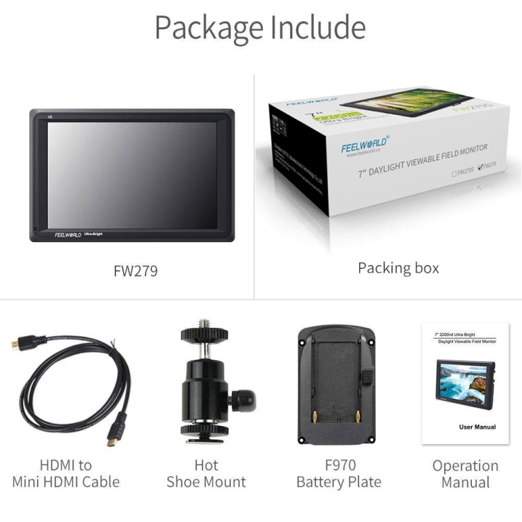 FEELWORLD FW279 7 Inch Ultra Bright 2200nit on Camera Field DSLR Monitor Full HD 1920x1200 4K HDMI Input Output High Brightness for DSLR Stabilizer by FEELWORLD