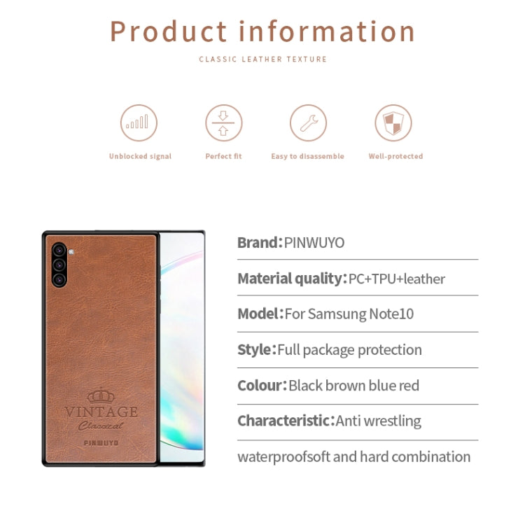 For Galaxy Note10 PINWUYO Pin Rui Series Classical Leather, PC + TPU + PU Leather Waterproof And Anti-fall All-inclusive Protective Shell(Brown) - Galaxy Phone Cases by PINWUYO | Online Shopping UK | buy2fix
