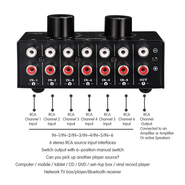 B016 6 Input 1 Output Audio Signal Source Selection Switcher, Output Volume Adjustment Control RCA Port - by buy2fix | Online Shopping UK | buy2fix