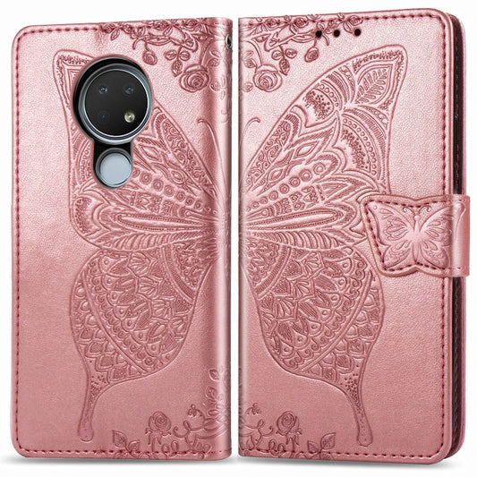 For Nokia 6.2 / 7.2 Butterfly Love Flower Embossed Horizontal Flip Leather Case with Bracket Lanyard Card Slot Wallet(Rose Gold) by buy2fix