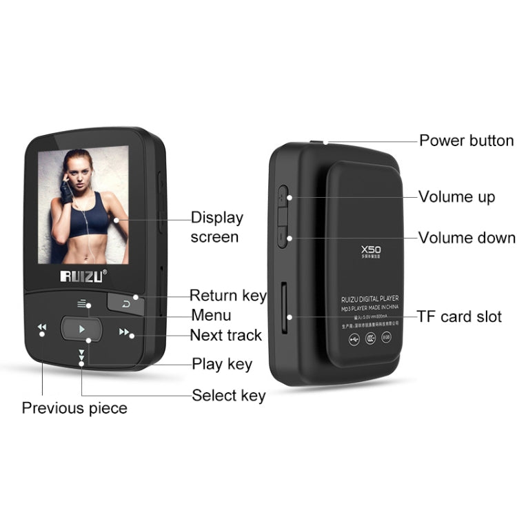 Original RUIZU X50 Sport Bluetooth MP3 Player 8gb Clip Mini with Screen Support FM,Recording,E-Book,Clock,Pedometer - MP3 Player by buy2fix | Online Shopping UK | buy2fix