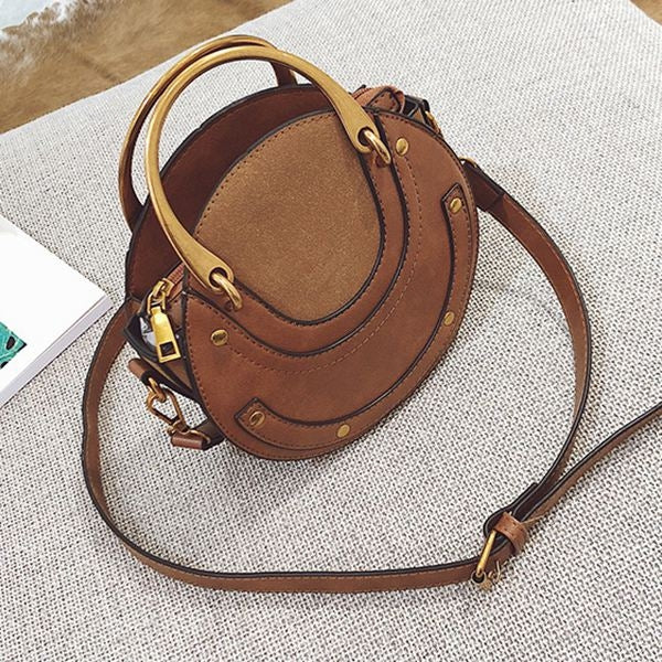 Circular Scrub PU Leather Women Bags Retro Handbag Shoulder Mini Bag(Brown) - Handbags by buy2fix | Online Shopping UK | buy2fix