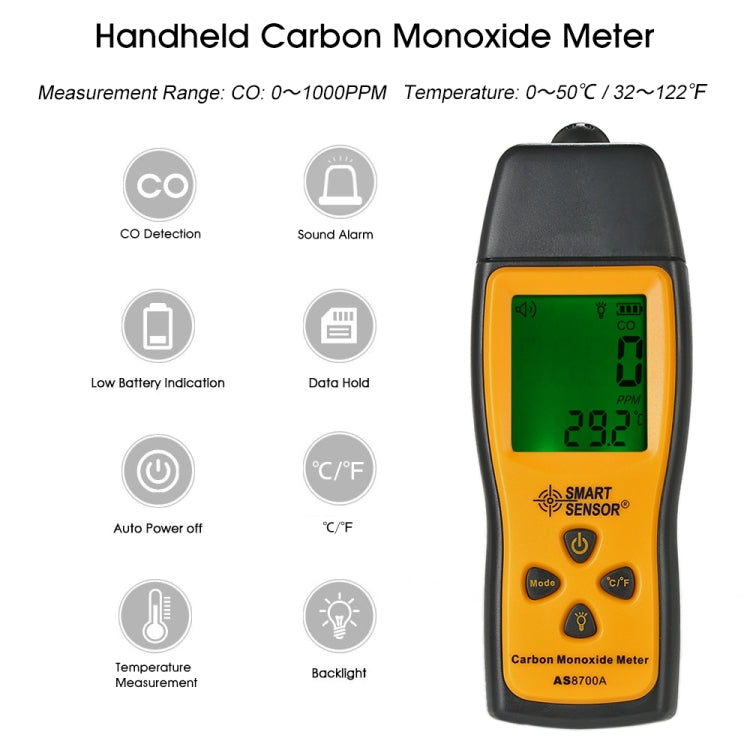 Smart Sensor AS8700A Handheld Carbon Monoxide Meter High Precision Digital CO Leak Detector Analyzer, Sound Light Alarm, Range: 0-1000ppm - Gas Monitor by BENETECH | Online Shopping UK | buy2fix