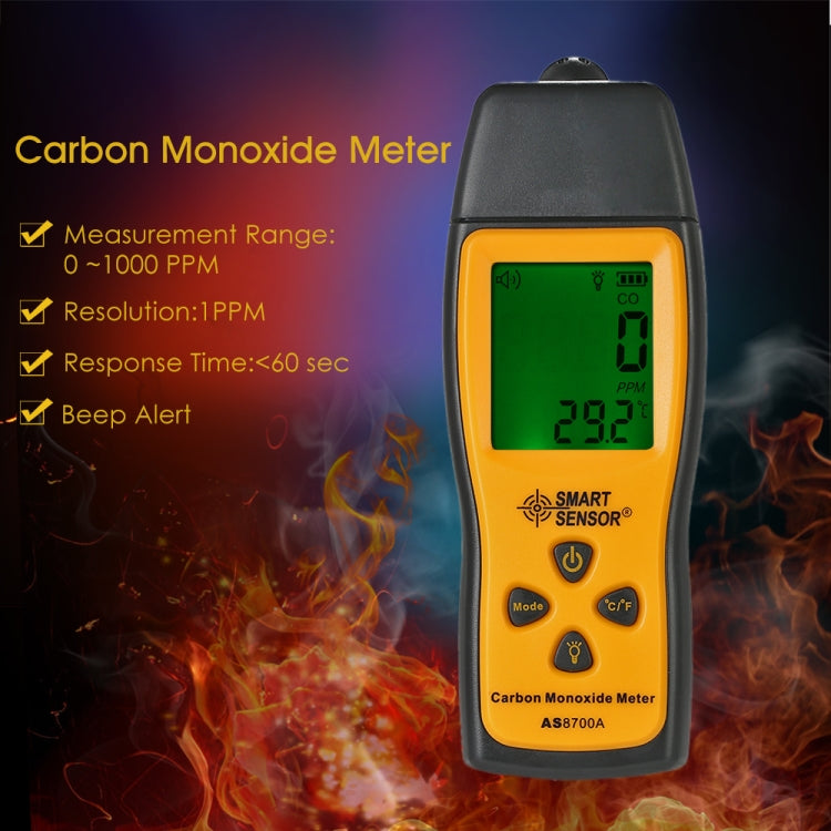 Smart Sensor AS8700A Handheld Carbon Monoxide Meter High Precision Digital CO Leak Detector Analyzer, Sound Light Alarm, Range: 0-1000ppm - Gas Monitor by BENETECH | Online Shopping UK | buy2fix