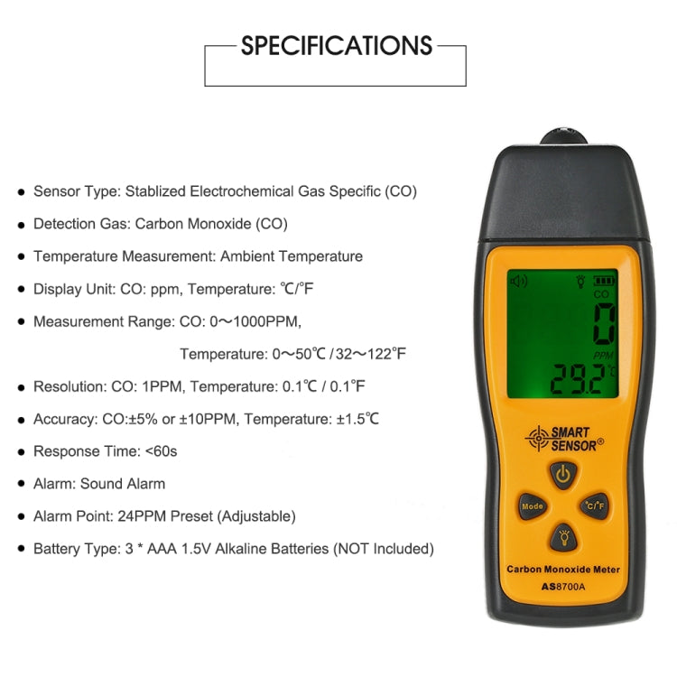 Smart Sensor AS8700A Handheld Carbon Monoxide Meter High Precision Digital CO Leak Detector Analyzer, Sound Light Alarm, Range: 0-1000ppm - Gas Monitor by BENETECH | Online Shopping UK | buy2fix