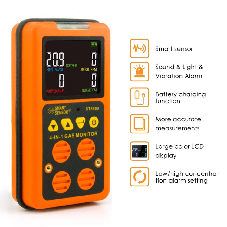 ST8900 4 in 1 Toxic Gas CO Carbon Monoxide Detector Hydrogen Sulfide H2S Oxygen Combustible Gas Test LCD Display Monitor, Sound Light Vibration Alarm, CN Plug - Gas Monitor by buy2fix | Online Shopping UK | buy2fix