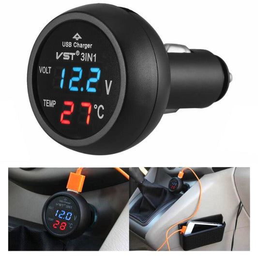 3 In 1 Car USB Charger Car Cigarette Lighter With Voltage Detection Display Multi-function Monitoring Table(Red Blue) by buy2fix