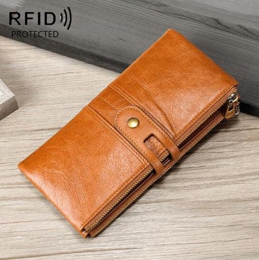 Ladies Genuine Leather Long Wallet Anti-theft Card Bag Multifunctional Clutch Bag(Brown) by buy2fix