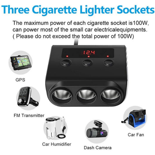 TR12 3 in 1 100W 4USB Car Cigarette Lighter with Switch Voltage Display(Black Red) - Cigar Socket by buy2fix | Online Shopping UK | buy2fix