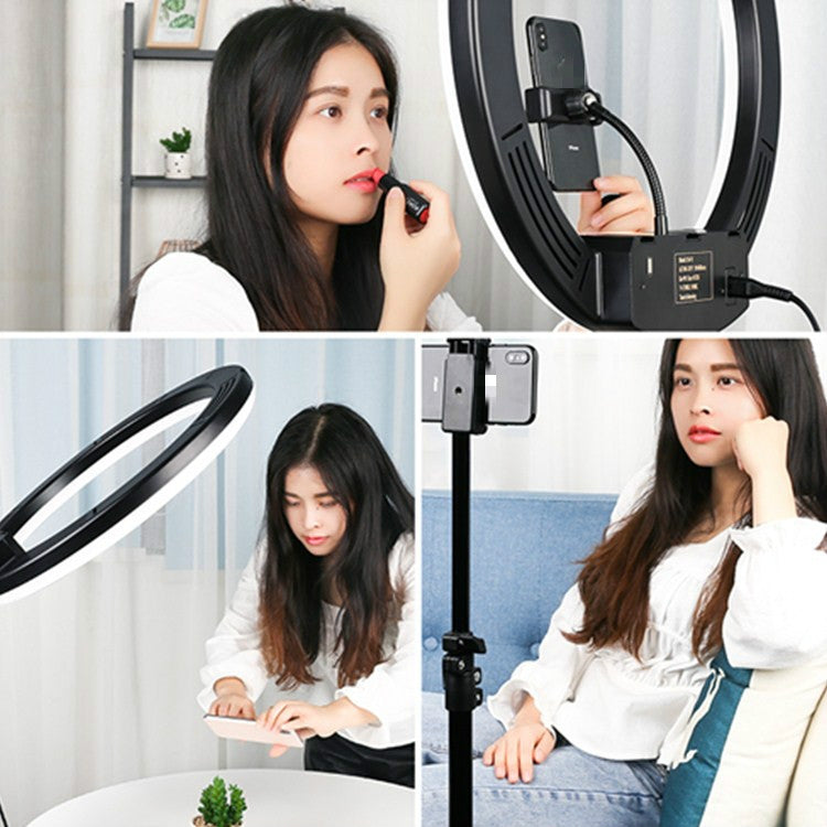 18 inch+6 Phone Clips+Microphone Pole Dimmable Color Temperature LED Ring Fill Light Live Broadcast Set With 2.1m Tripod Mount, CN Plug by buy2fix