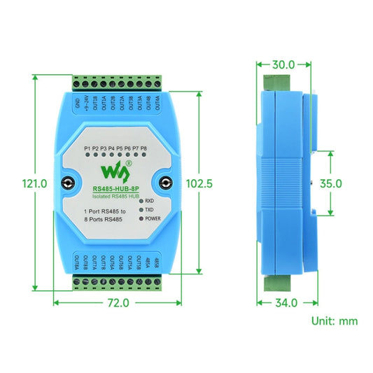 Waveshare RS485-HUB-8P Industrial-grade Isolated 8-ch RS485 Hub, Rail-mount Support, Wide Baud Rate Range - Transmitters & Receivers Module by Waveshare | Online Shopping UK | buy2fix