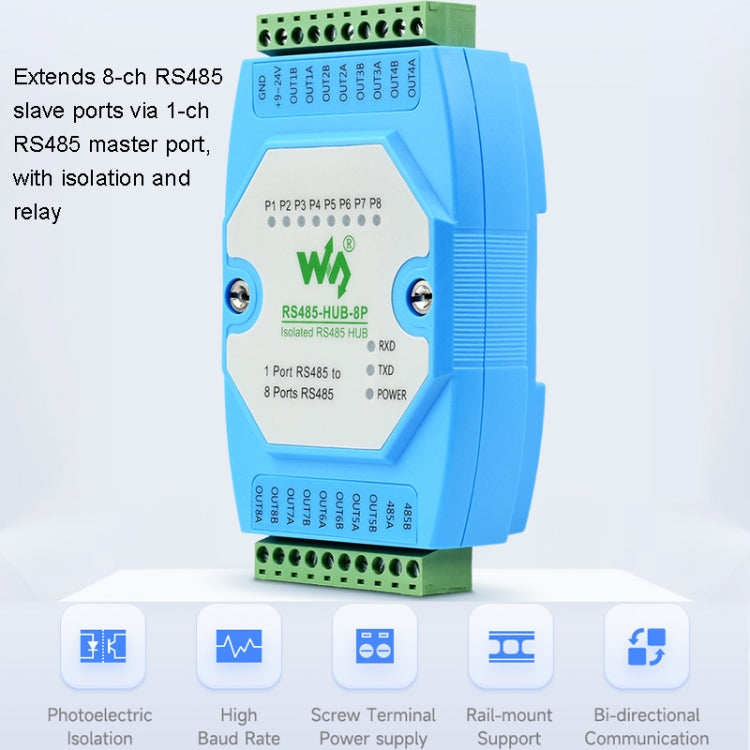 Waveshare RS485-HUB-8P Industrial-grade Isolated 8-ch RS485 Hub, Rail-mount Support, Wide Baud Rate Range - Transmitters & Receivers Module by Waveshare | Online Shopping UK | buy2fix