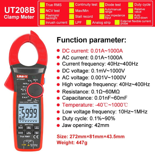 UNI-T UT208B 1000A 42mm Jaw Size Digital Clamp Meter AC DC Voltage Detector - Digital Multimeter by UNI-T | Online Shopping UK | buy2fix