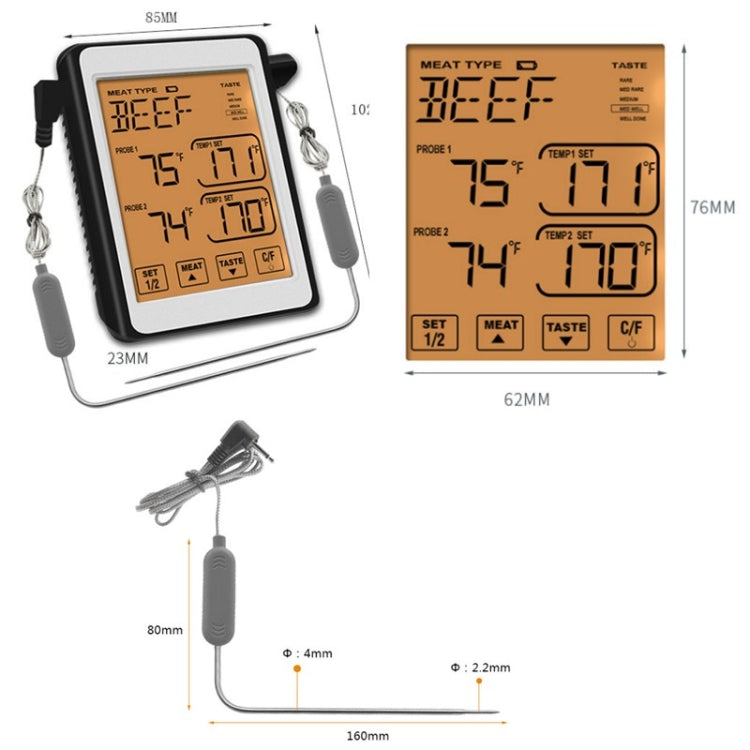 CH-212 Dual Probe Color Screen Smart Alarm Grill Kitchen Thermometer, Color:Colorful Backlight - Cooking Thermometers by buy2fix | Online Shopping UK | buy2fix