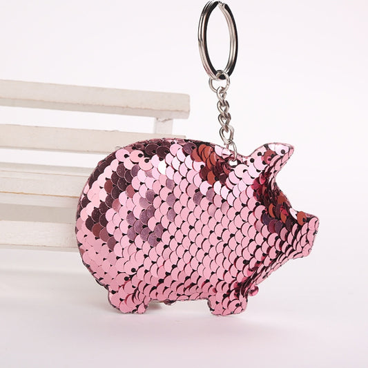 2PCS Cute Chaveiro Pig Keychain Glitter Pompom Sequins Key Chain Gifts for Women Llaveros Mujer Car Bag Accessories Key Ring(pink) by buy2fix