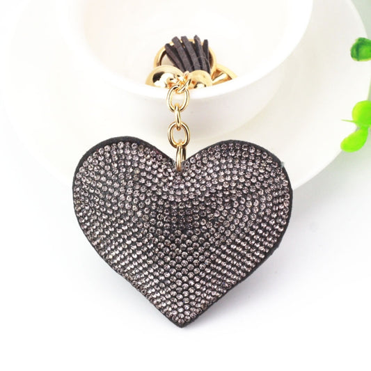 Heart Keychain Leather Tassel Gold Key Holder Metal Crystal Key Chain Keyring Charm Bag Auto Pendant Gift(black gray) by buy2fix