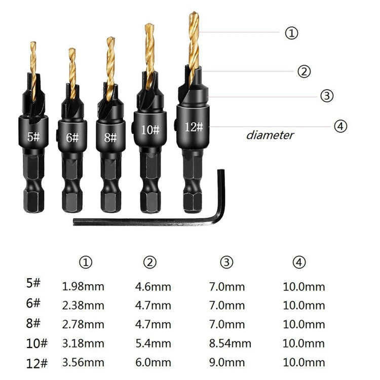 5 PCS/Set Countersink Woodworking Drill Bit Set Hexagon Screw Hardware Tool(Silver) - Drill & Drill Bits by buy2fix | Online Shopping UK | buy2fix