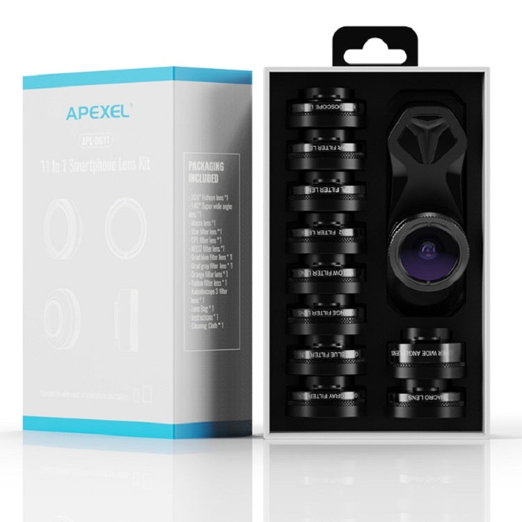 APEXEL APL-DG11 11 in 1 Multifunctional Fisheye Wide-angle Macro Polarized Starlight Gradient Filter Set Universal Mobile Phone Lens Set by APEXEL