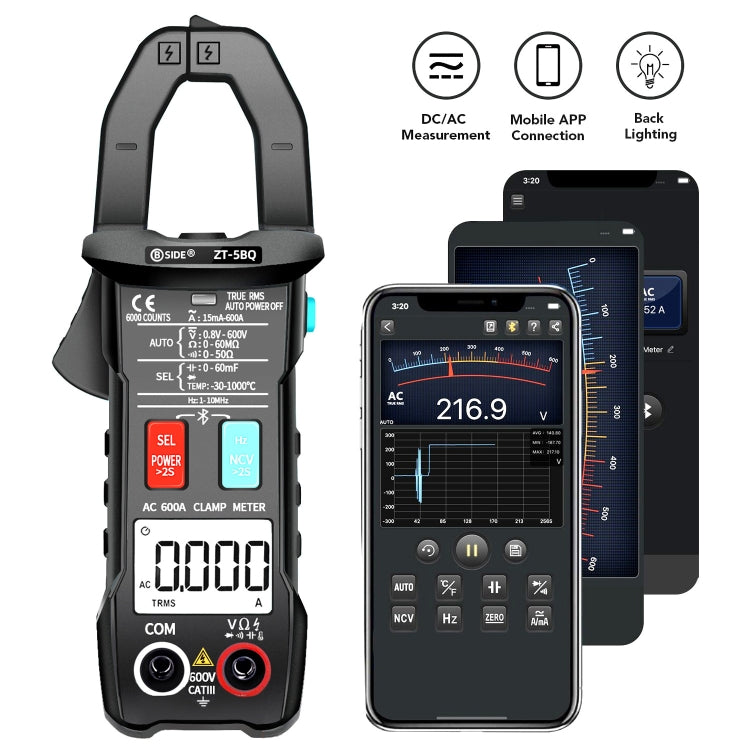BSIDE Bluetooth 5.0 6000 Words High Precision Smart AC Clamp Meter, Specification: ZT-5BQ+C3140 Clip - Digital Multimeter by BSIDE | Online Shopping UK | buy2fix