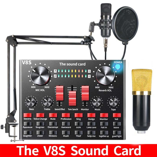V8S Sound Card Mobile Phone Computer Anchor Live K Song Recording Microphone, Specification:V8S + Golden Net BM700 Set by buy2fix