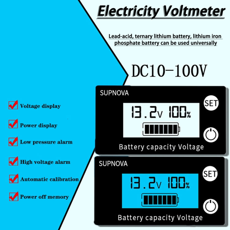 SUPNOVA DC 8-100V Battery Capacity Indicator Voltmeter Voltage Gauge,Style: Blue - Current & Voltage Tester by buy2fix | Online Shopping UK | buy2fix